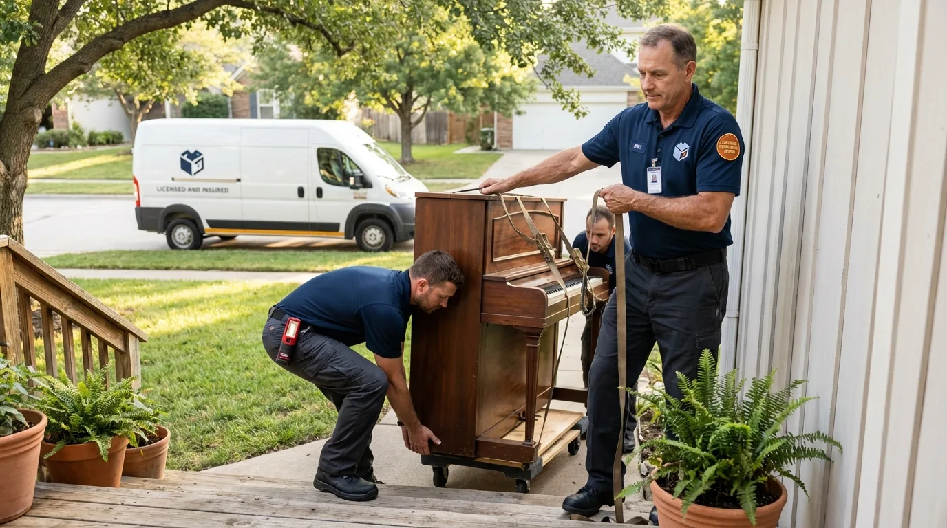 Licensed piano movers securing grand piano in Hays, KS