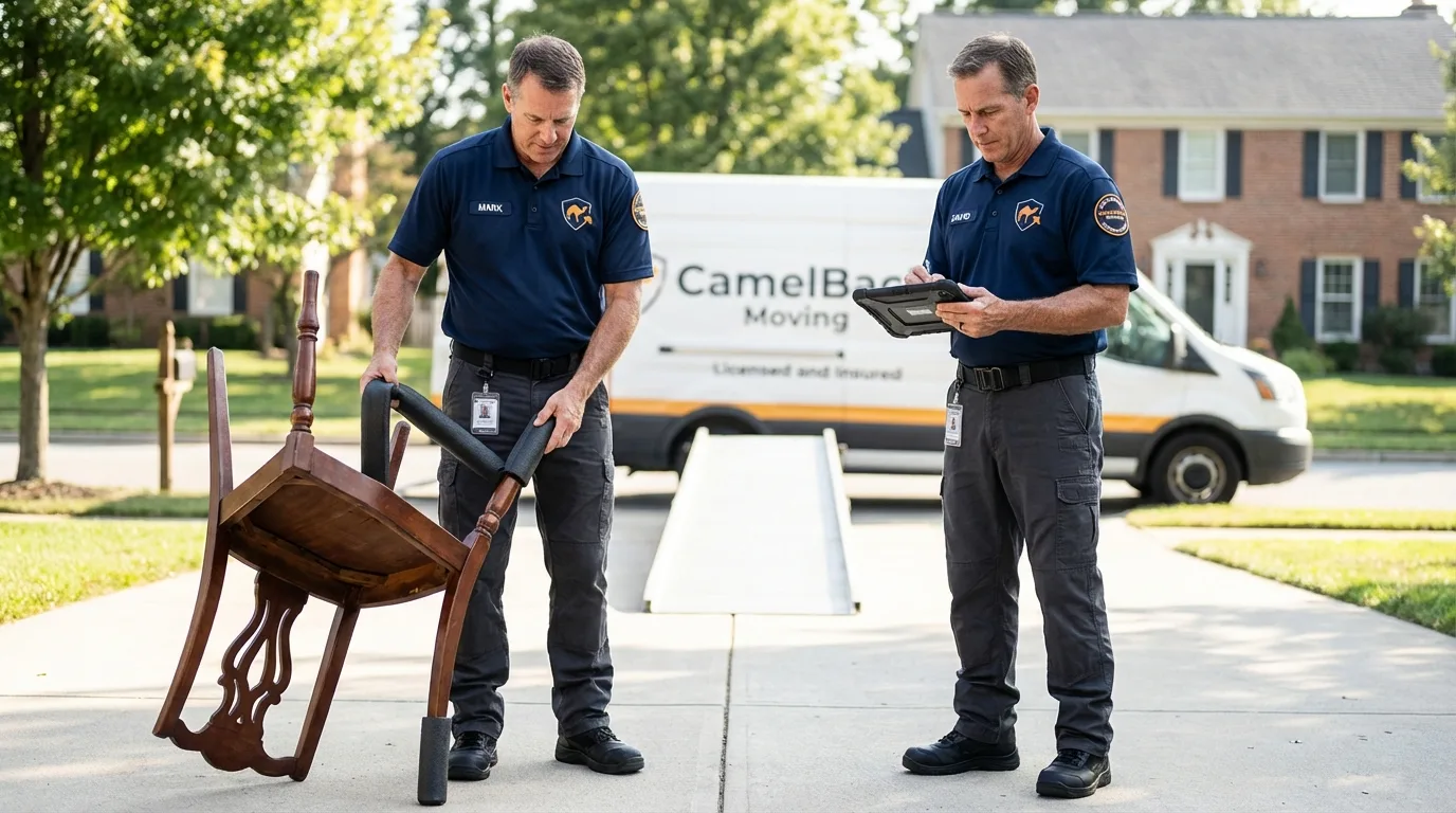 Movers inspecting furniture for damage prevention before loading in Hays, KS
